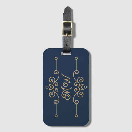  Gold & Navy Blue Elegant Flourish Monogram Bagagelabel (Voorkant (verticaal))
