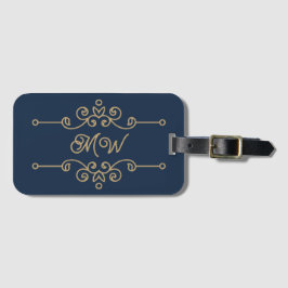  Gold & Navy Blue Elegant Flourish Monogram Bagagelabel