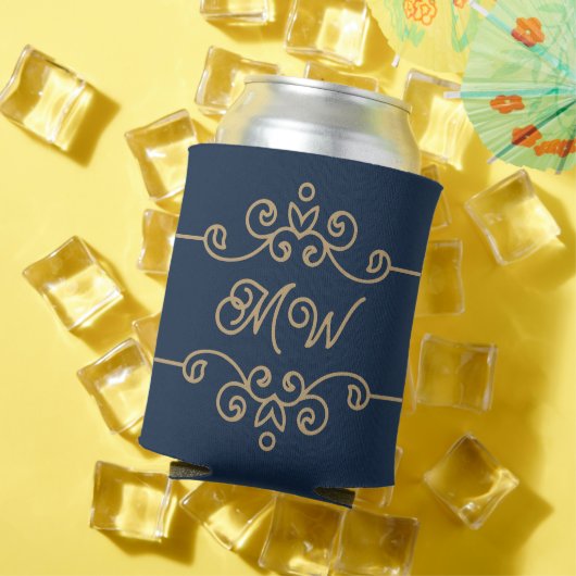  Gold & Navy Blue Elegant Flourish Monogram Blikjeskoeler (Insitu Zomer)