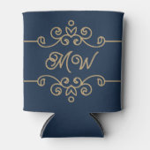  Gold & Navy Blue Elegant Flourish Monogram Blikjeskoeler (Voorkant)
