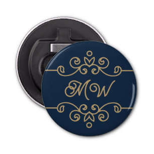  Gold & Navy Blue Elegant Flourish Monogram Button Flesopener