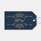 Gold & Navy Blue Elegant Flourish Monogram Cadeaulabel (Voorkant (Horizontaal))