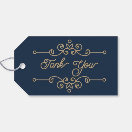  Gold & Navy Blue Elegant Flourish Monogram Cadeaulabel (Achterkant Horizontaal)