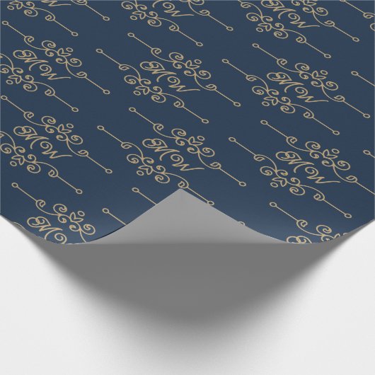  Gold & Navy Blue Elegant Flourish Monogram Cadeaupapier (Hoek)