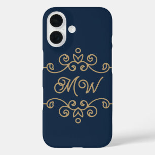  Gold & Navy Blue Elegant Flourish Monogram iPhone 16 Hoesje
