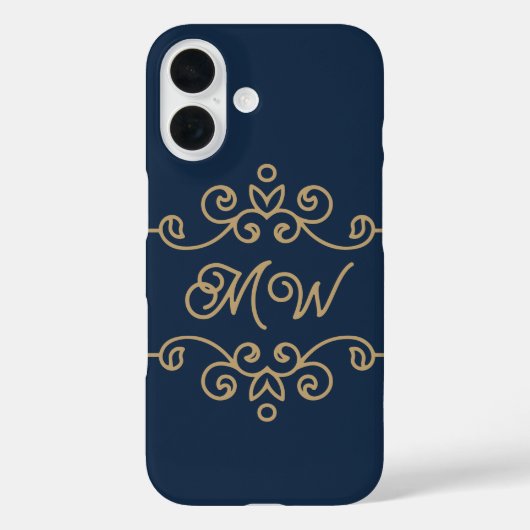  Gold & Navy Blue Elegant Flourish Monogram Case-Mate iPhone Case (Achterkant)