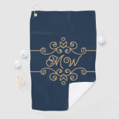  Gold & Navy Blue Elegant Flourish Monogram Golfhanddoek (Insitu)