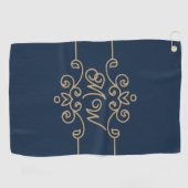  Gold & Navy Blue Elegant Flourish Monogram Golfhanddoek (Horizontaal)