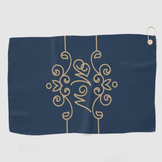  Gold & Navy Blue Elegant Flourish Monogram Golfhanddoek (Horizontaal)