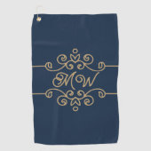  Gold & Navy Blue Elegant Flourish Monogram Golfhanddoek (Voorkant)