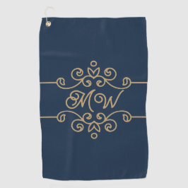  Gold & Navy Blue Elegant Flourish Monogram Golfhanddoek