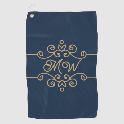  Gold & Navy Blue Elegant Flourish Monogram Golfhanddoek (Voorkant)