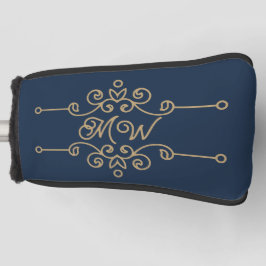  Gold & Navy Blue Elegant Flourish Monogram Golfheadcover