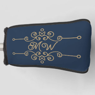 Gold & Navy Blue Elegant Flourish Monogram Golfheadcover
