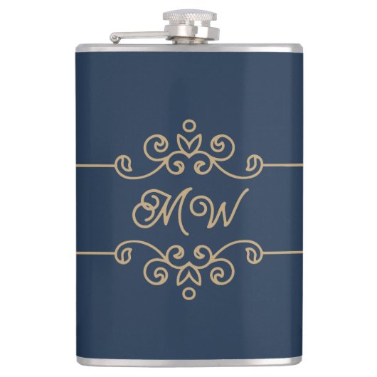 Gold & Navy Blue Elegant Flourish Monogram Heupfles (Voorkant)