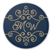  Gold & Navy Blue Elegant Flourish Monogram Keramische Knop (Voorkant)