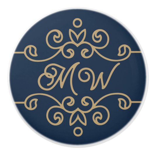  Gold & Navy Blue Elegant Flourish Monogram Keramische Knop (Voorkant)