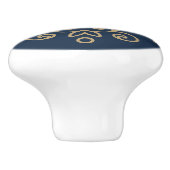  Gold & Navy Blue Elegant Flourish Monogram Keramische Knop (Zijkant)