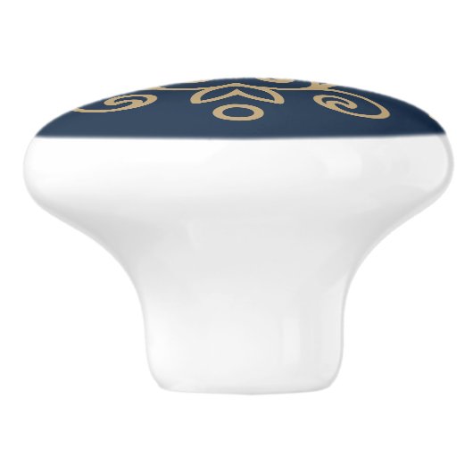  Gold & Navy Blue Elegant Flourish Monogram Keramische Knop (Zijkant)