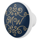  Gold & Navy Blue Elegant Flourish Monogram Keramische Knop (Rechts)