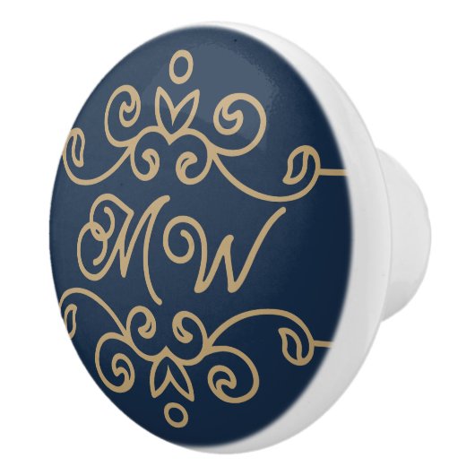 Gold & Navy Blue Elegant Flourish Monogram Keramische Knop (Rechts)