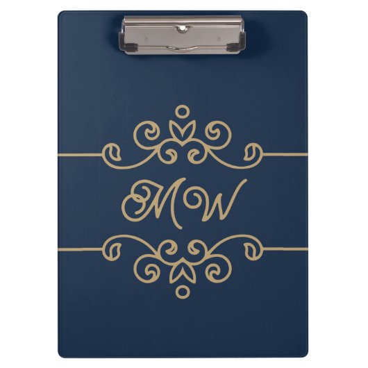  Gold & Navy Blue Elegant Flourish Monogram Klembord (Voorkant)