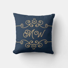 Gold & Navy Blue Elegant Flourish Monogram Kussen