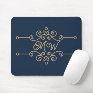 Gold & Navy Blue Elegant Flourish Monogram Muismat