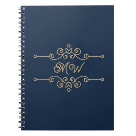  Gold & Navy Blue Elegant Flourish Monogram Notitieboek