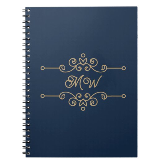  Gold & Navy Blue Elegant Flourish Monogram Notitieboek (Voorkant)