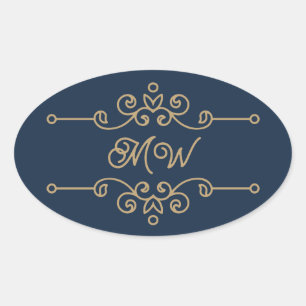 Gold & Navy Blue Elegant Flourish Monogram Ovale Sticker