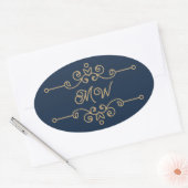  Gold & Navy Blue Elegant Flourish Monogram Ovale Sticker (Envelop)