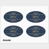  Gold & Navy Blue Elegant Flourish Monogram Ovale Sticker (Vel)