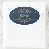  Gold & Navy Blue Elegant Flourish Monogram Ovale Sticker (Tas)