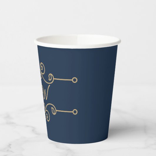  Gold & Navy Blue Elegant Flourish Monogram Papieren Bekers (Links)