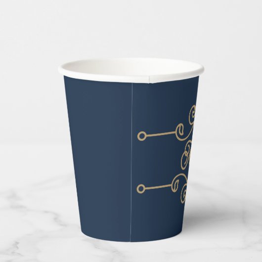  Gold & Navy Blue Elegant Flourish Monogram Papieren Bekers (Rechts)