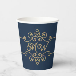  Gold & Navy Blue Elegant Flourish Monogram Papieren Bekers