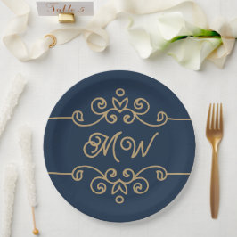  Gold & Navy Blue Elegant Flourish Monogram Papieren Bordje