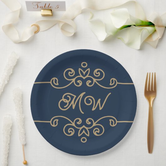Gold & Navy Blue Elegant Flourish Monogram Papieren Bordje (Huwelijk)