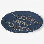 Gold & Navy Blue Elegant Flourish Monogram Papieren Bordje (Gekanteld)