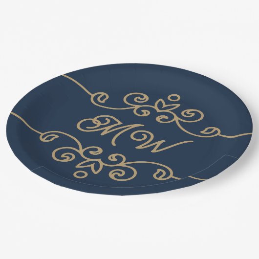 Gold & Navy Blue Elegant Flourish Monogram Papieren Bordje (Gekanteld)