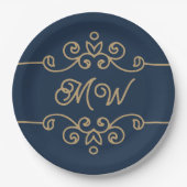 Gold & Navy Blue Elegant Flourish Monogram Papieren Bordje (Voorkant)