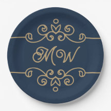  Gold & Navy Blue Elegant Flourish Monogram