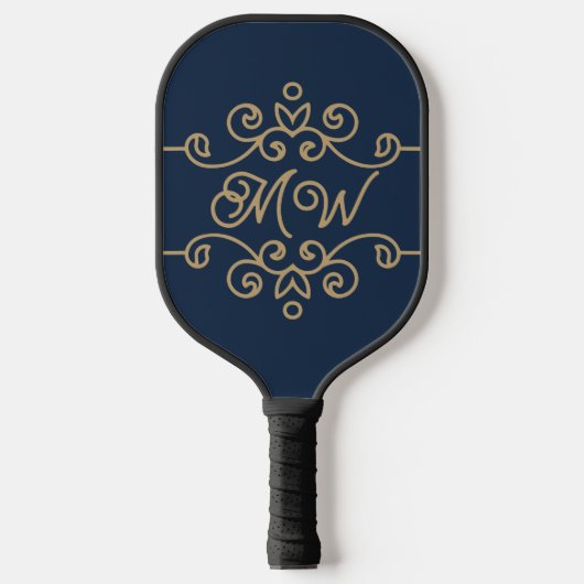  Gold & Navy Blue Elegant Flourish Monogram Pickleball Paddle (Voorkant)