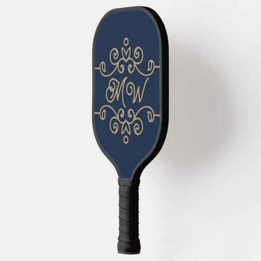  Gold & Navy Blue Elegant Flourish Monogram Pickleball Paddle (Links)