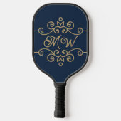  Gold & Navy Blue Elegant Flourish Monogram Pickleball Paddle (Achterkant)