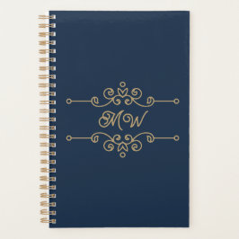  Gold & Navy Blue Elegant Flourish Monogram Planner