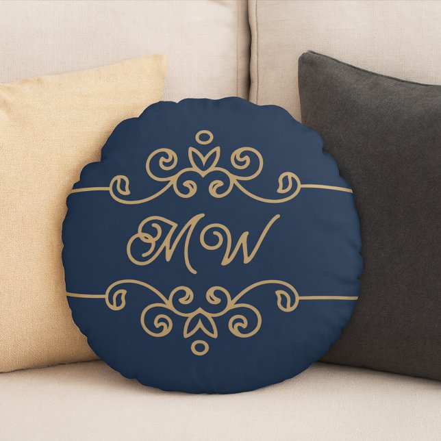  Gold & Navy Blue Elegant Flourish Monogram Rond Kussen (Creator heeft geüpload)
