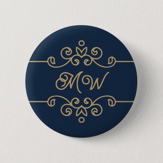 Gold & Navy Blue Elegant Flourish Monogram Ronde Button 5,7 Cm (Voorkant)