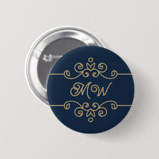  Gold & Navy Blue Elegant Flourish Monogram Ronde Button 5,7 Cm